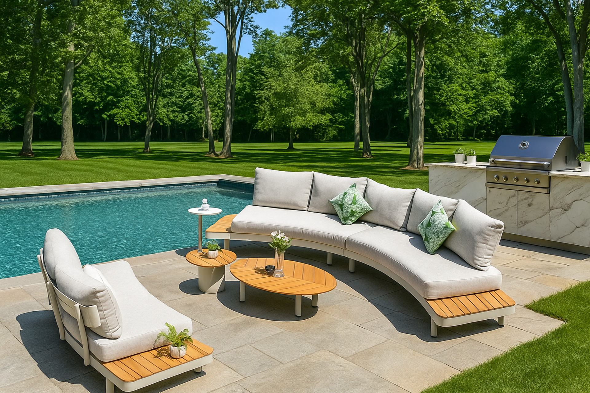 Elegant patio furniture and parasols for outdoor entertainment